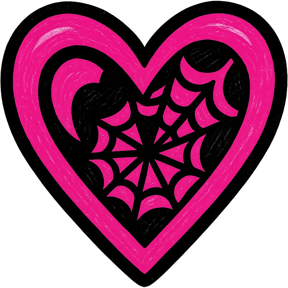 gothic heart with a spiderweb, pop colors style, pink and black emoji