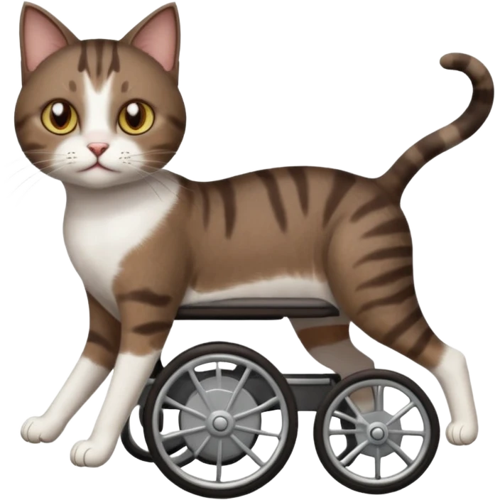 full body small short hair dark brown and white cat with hazel eyes walking in a wheelchair for cats emoji