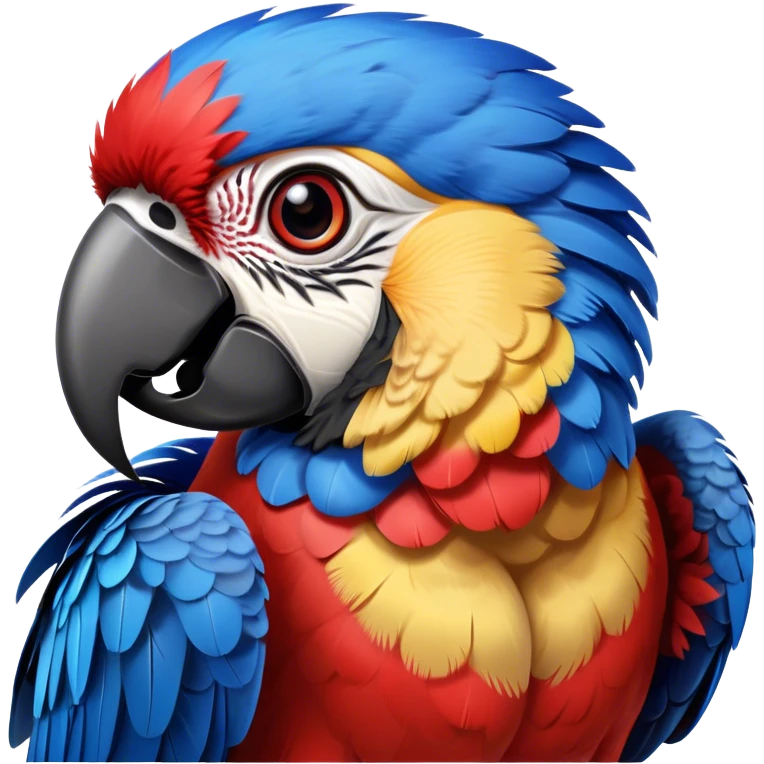 Cinematic Realistic Comical Macaw Portrait Emoji, Head tilted dramatically with an exaggeratedly amused expression, featuring a striking array of vividly detailed scarlet and blue feathers with bold natural accents and wide, expressive eyes full of playful disbelief, rendered with lifelike texture and vibrant hues, high shine, dramatic yet playful, styled with an air of cheeky avian mischief, soft glowing outline, capturing the essence of a spirited and over‐the‐top macaw that looks ready to flap its way into viral fame! emoji