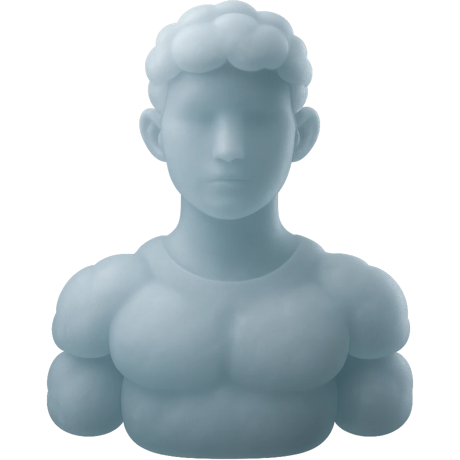 person looking straight, fully made of white fluffy convex clouds, shoulders, matte glass style emoji