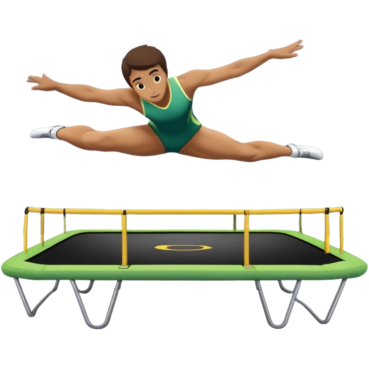 An athletic person soaring high above a trampoline, executing an acrobatic flip with perfect form. The scene captures motion and energy, with a dynamic pose, stretched limbs, and a focused expression. The background suggests a professional trampoline arena with safety padding. emoji