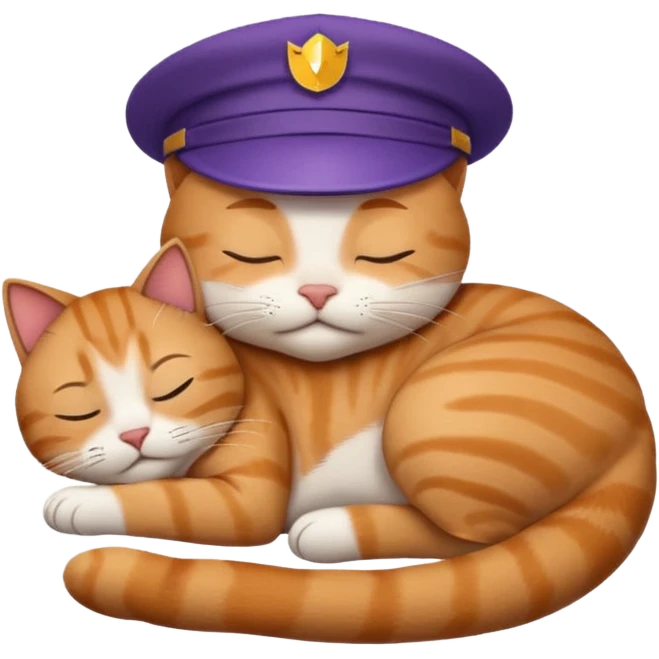 emoji of sleeping cat, its pose is lying, it has on his head FedEx uniform cap emoji