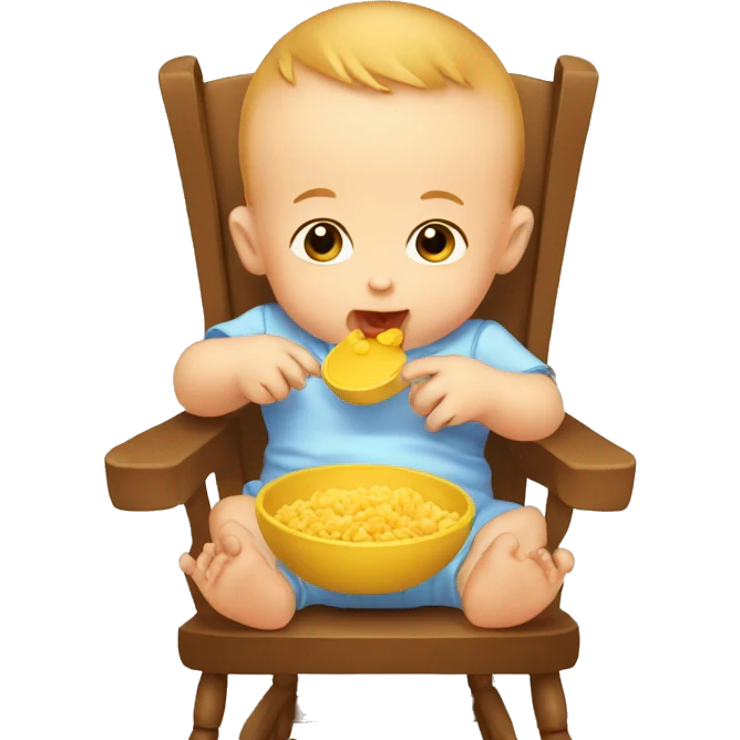 A baby eat his first food in the chair for kids  emoji