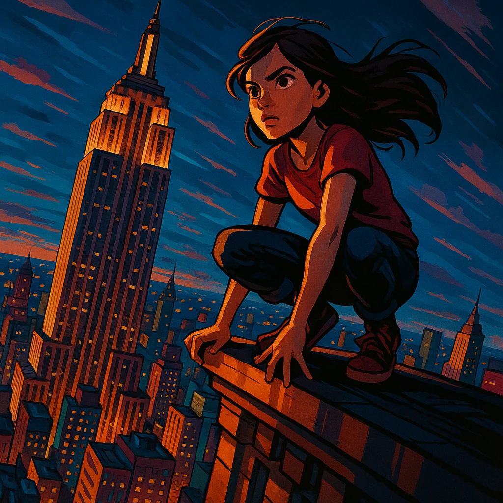a girl crouched on the Empire State Building, dramatic perspective, stylized city below emoji