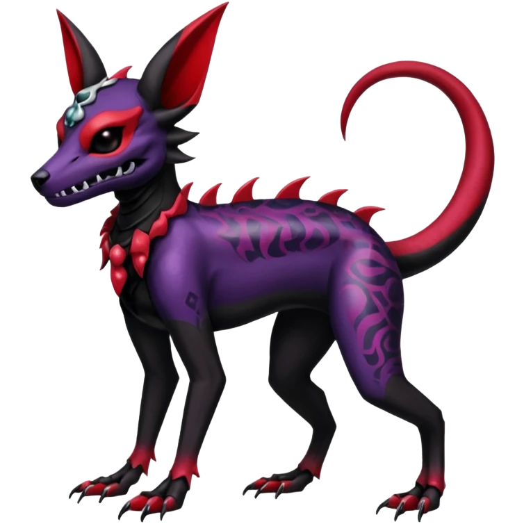 Gothic Black red purple Scaley Exotic Salandit-Umbreon-Noibat-Houndoom-Fakémon-hybrid-creature (full body), 4 legs, skull face mask emoji