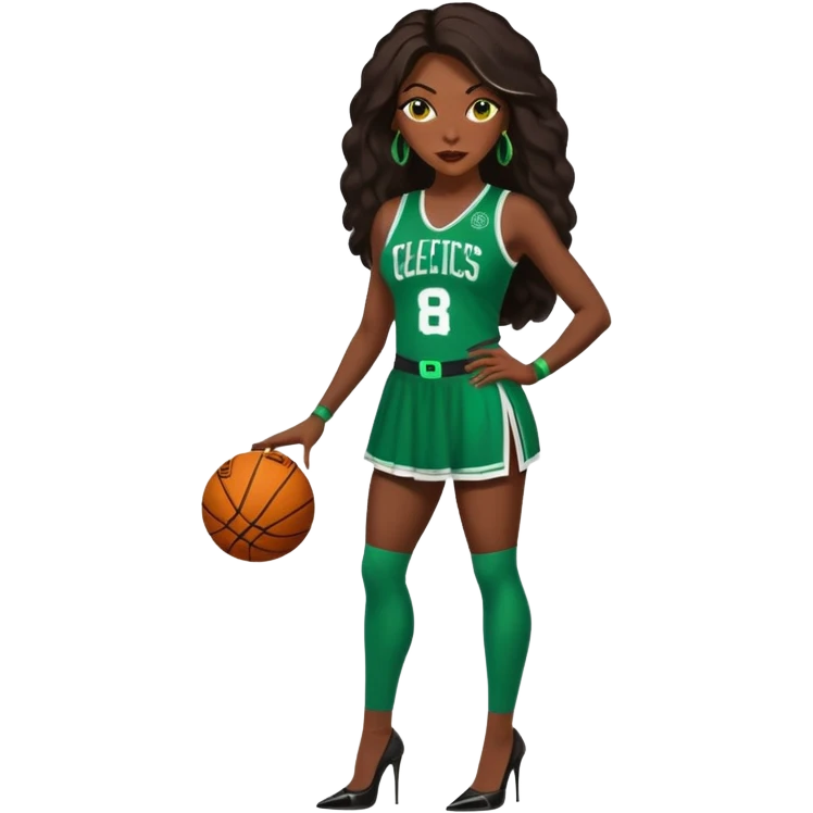 A 47-year-old dark black woman with brown eyes, long dark brown baylaige hair dressed in sexy 
celtics jersey costume outfit and stilettos  emoji