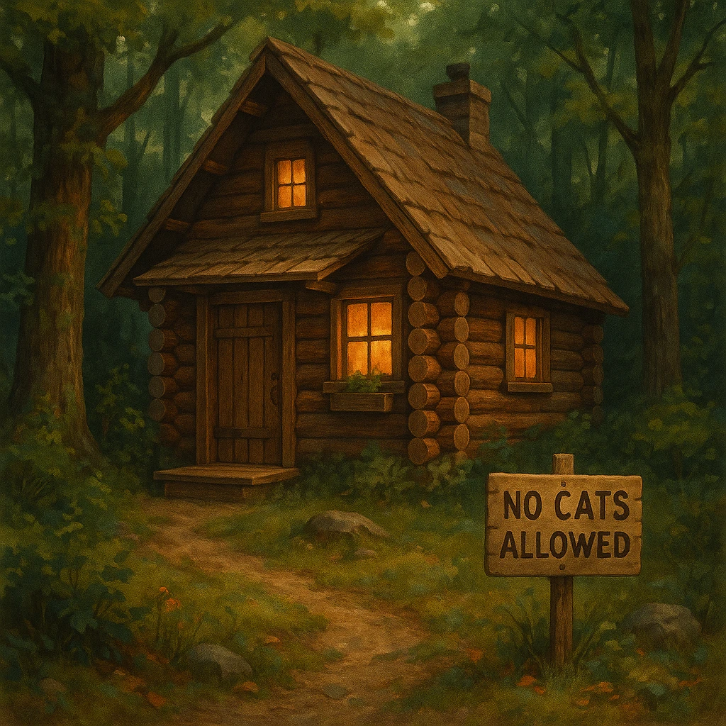 cozy cabin in the woods with a 'No Cats Allowed' sign, surrounded by nature emoji