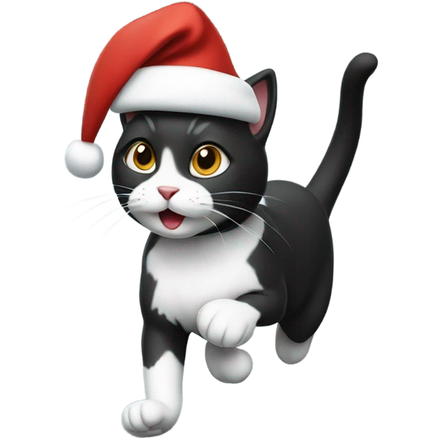 Running black and white cat wearing a Santa hat  emoji
