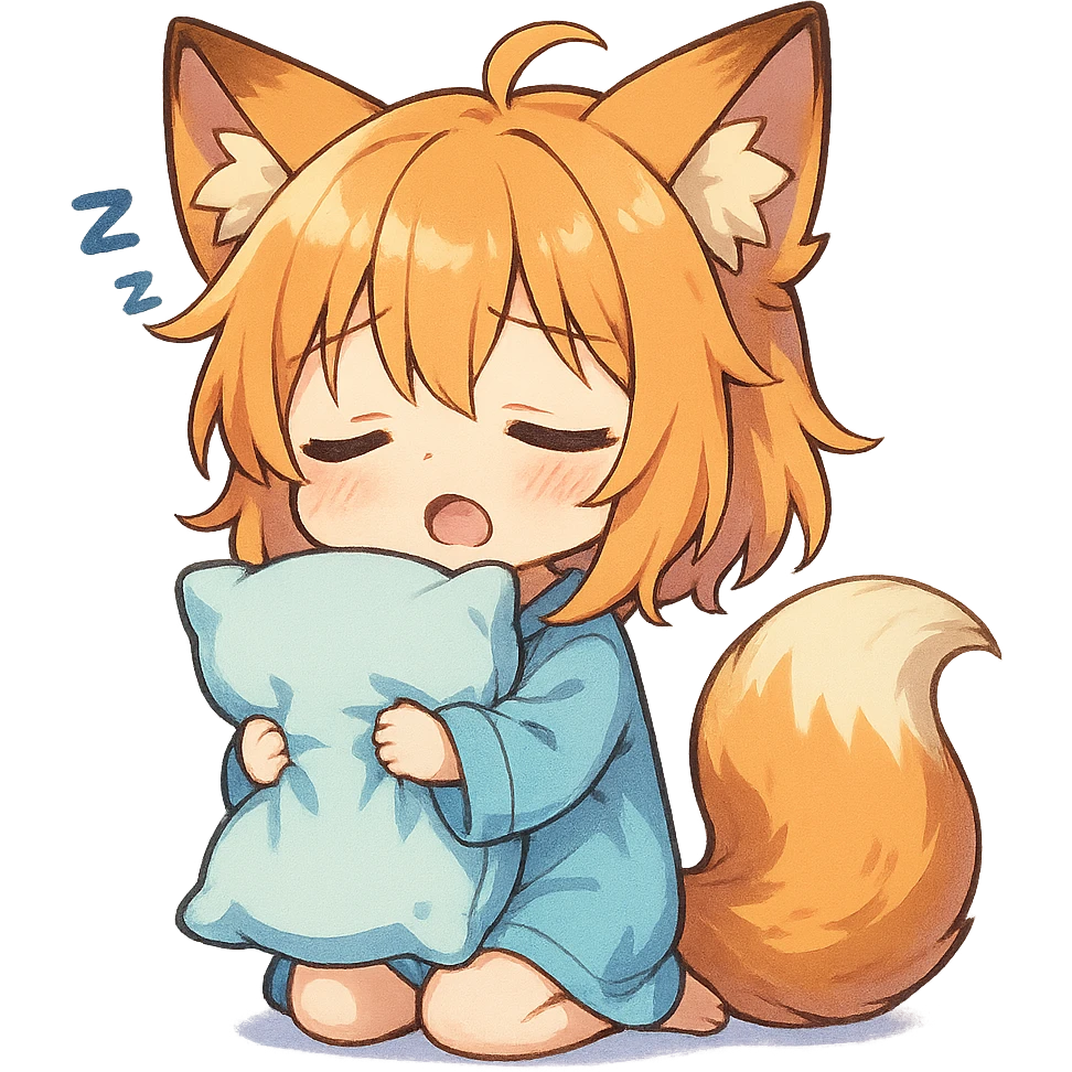 chibi anime style fox character, very sleepy, holding a pillow, cute, colorful, detailed emoji