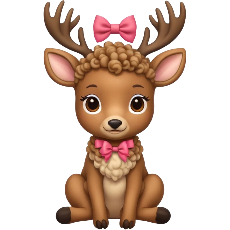 cute deer with curly fur, sitting down, wearing a bow on its head. emoji