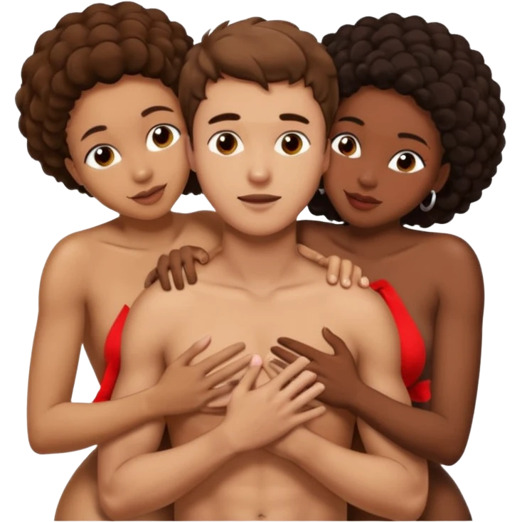 one american italian young brown-haired man surrounded by three black african women with large asses who are hugging him and each other and massaging his naked cock and balls emoji