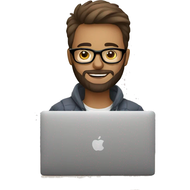Designer with short hair, beard and glasses working with MacBook and drinking cappuccino emoji