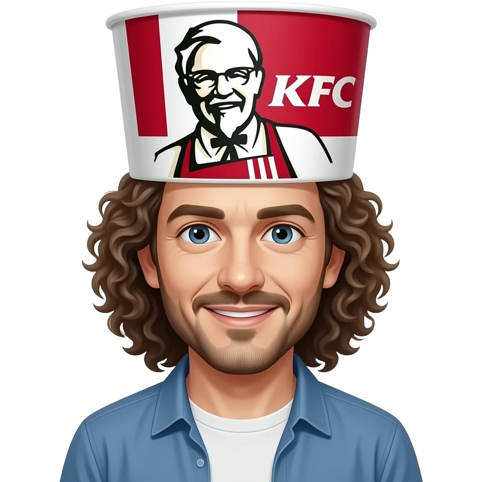 Man with curly long hair and white face with kfc bucket on his head emoji