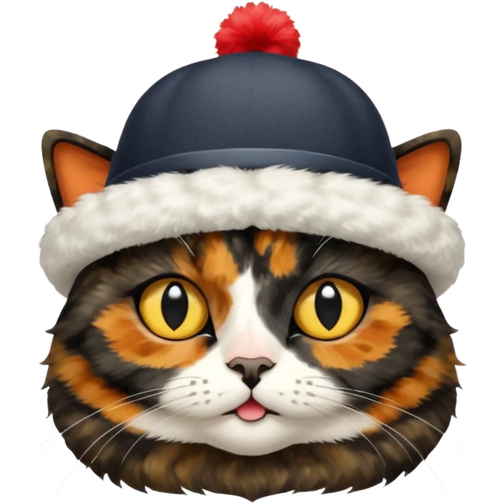 mostly black tortoiseshell cat, gold eyes, british hat emoji