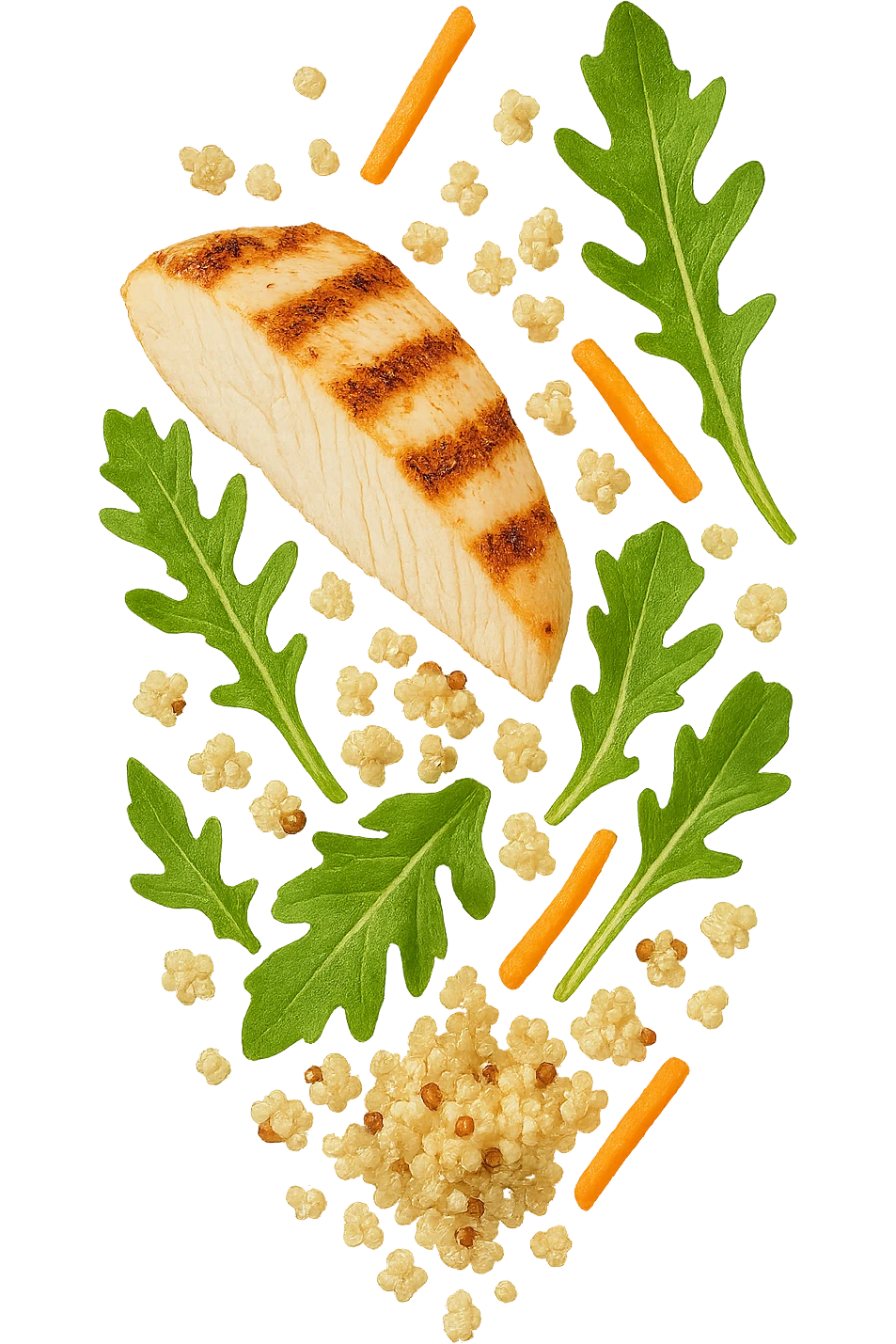 EMOJI STILE IPHONE DI quinoa e pollo con rucola e carote CHE CADONO VERTICALMENTE DALL'ALTO, iperrealistica 4k emoji