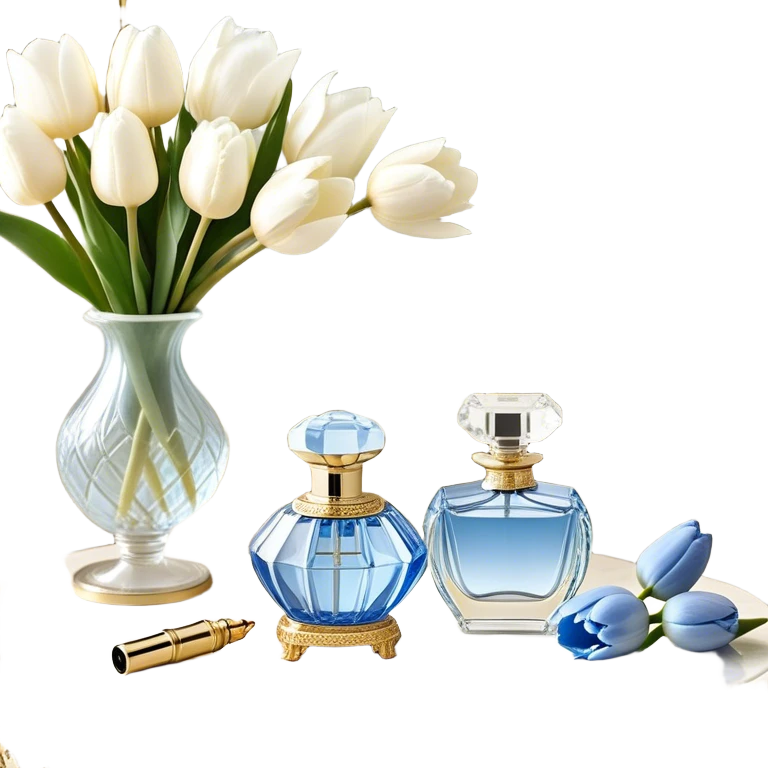 A dreamy composition of a crystal perfume bottle with an ornate golden atomizer, placed on a lace-trimmed vanity table, accompanied by a bouquet of white magnolias and soft blue tulips.
 emoji