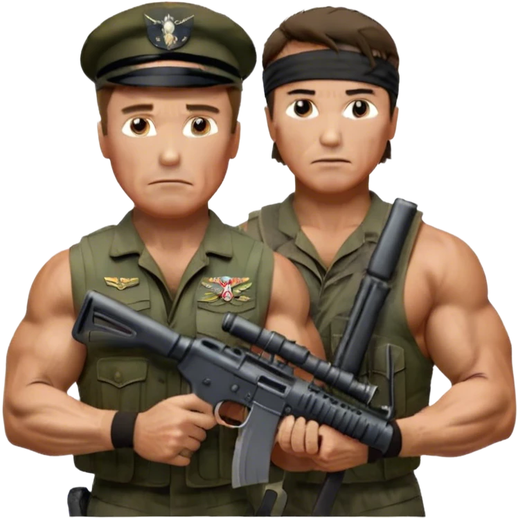 Icon for Action Movies: Schwarzenegger as John Matrix in Commando and Stallone as John Rambo in Rambo, both in iconic action poses with weapons, intense expressions, and explosive backgrounds. Powerful and dynamic with dramatic lighting. Transparent background. emoji