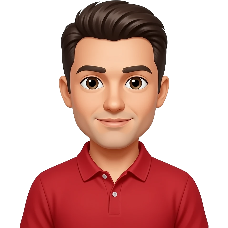 Tan guy with dark brown pushed back hair wearing a red polo emoji