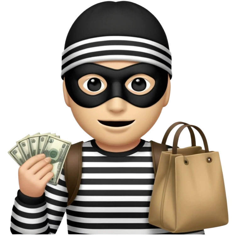 A robber wearing a black beanie, black and white striped shirt, a Zorro mask over his eyes and holding a bag of money  emoji
