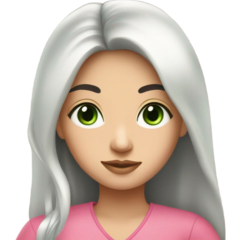 Beautiful Russian lady with green eyes and very long black hair pink clothes with baby  emoji