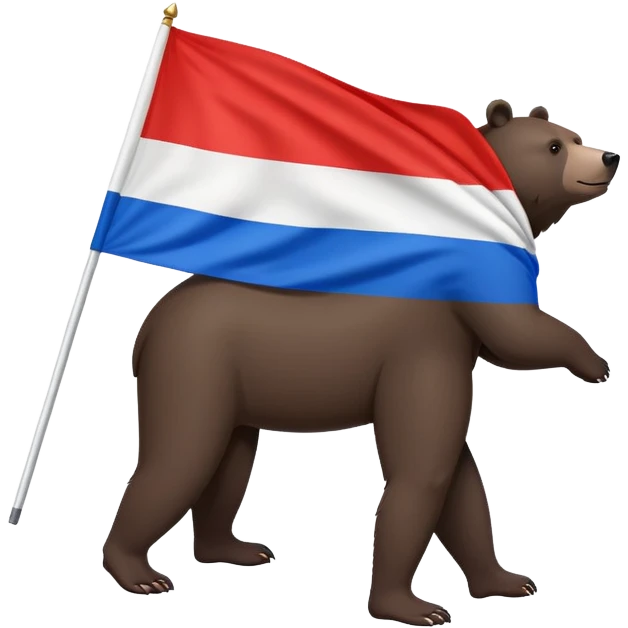 Medium-dark brown bear on all four legs with Russian flag (white, blue, red horizontal stripes) on its back, minimalist style, side view emoji