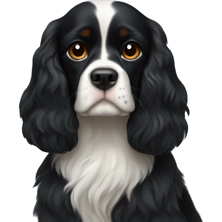 completely black small king spaniel with black fur on his whole face and white fur on chest emoji