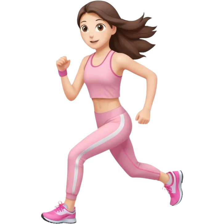 white happy brunette teen long hair with hazel eyes in light pink workout clothes jogging through fiish line emoji