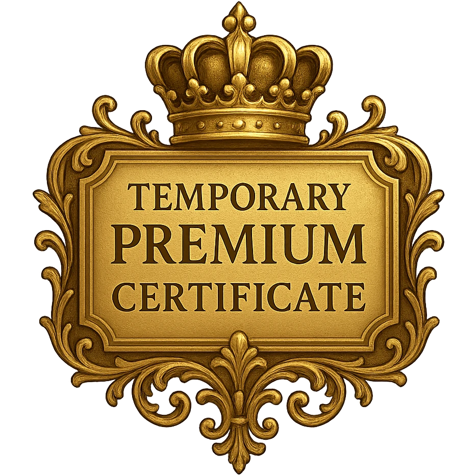 gold Temporary Premium Certificate with a gold crown, elegant and decorative, refined digital reward badge style emoji