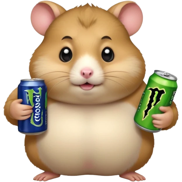 Funny cartoon-style fat hamster with big wide eyes  holding a can of monster energy in one hand and redbull in the other hand emoji