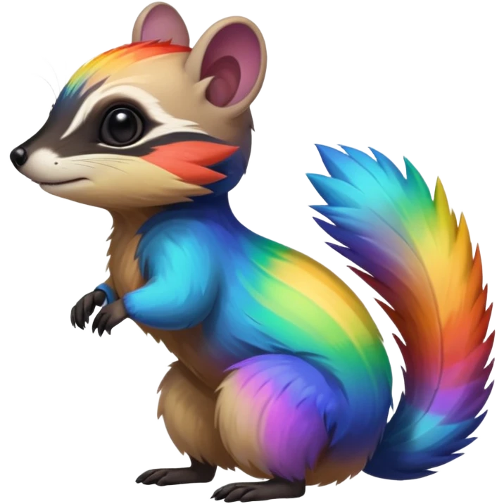 Colorful black and rainbow-iridescent Cacomistle-Numbat-Ferret-hybrid-fusion-animal-creature, full body  emoji