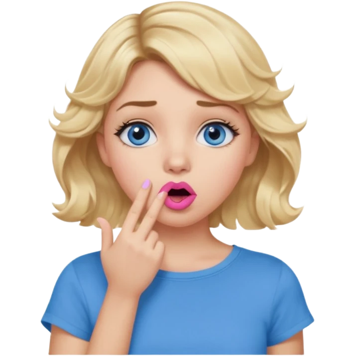 Girl Blonde short wavy hair,  blue eyes, cute blue top, long lashes, pink lips, shocked, hand over the mouth emoji