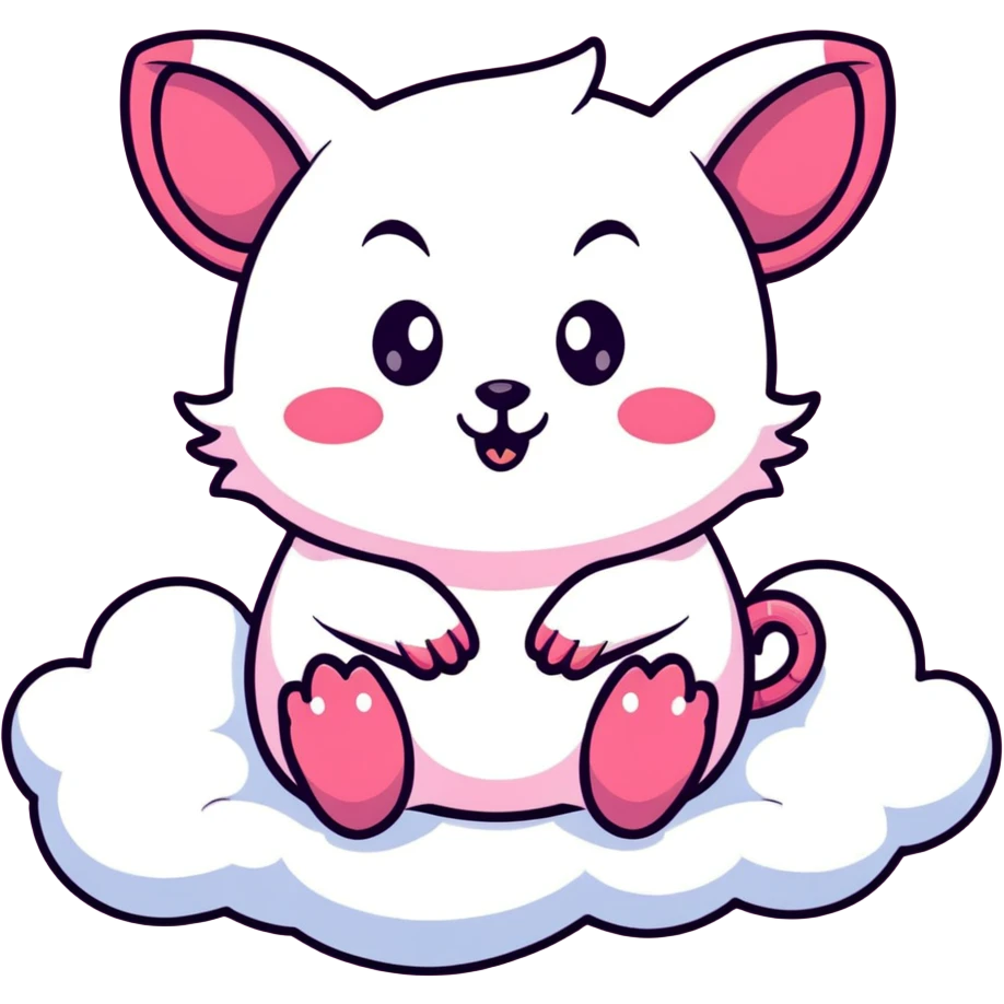 pink possum sitting on a fluffy cloud with small devil horns, vibrant colors, sparkles, celestial background, mischievous expression emoji