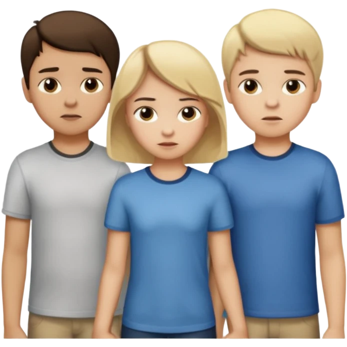  iOS emoji style.
A girl holding hands with two boys at the same time,one boy si brunette the other blonde, one on each side.
The girl has a suspicious, guilty expression, slightly turned eyes.
The boys look neutral and unaware.
 smooth gradients, rounded shape emoji