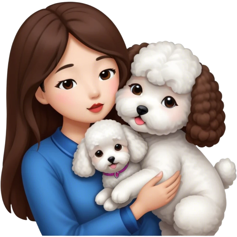 Asian girl with long brown hair kissing a bichon emoji