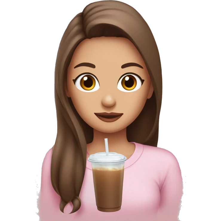 girl drinking an iced coffee with long brown hair half up half down and baby pink long sleeved top  emoji
