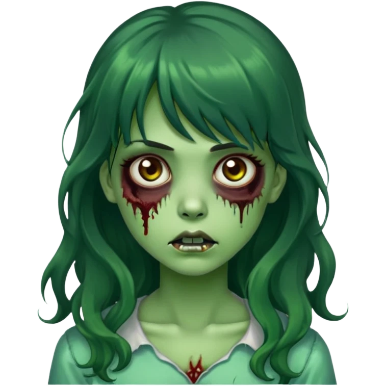 I want a zombie girl with green skin, long wavy hair and bangs and dark brown  emoji