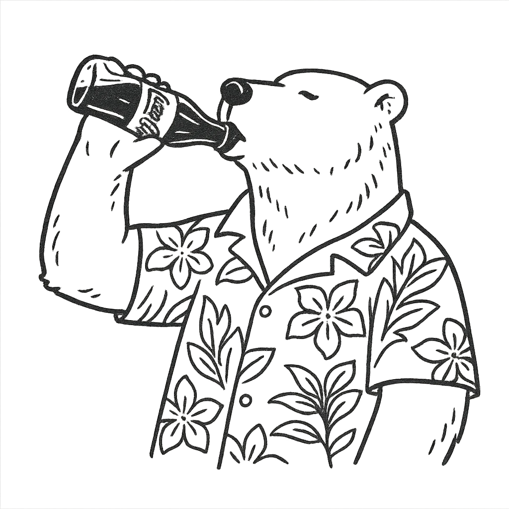 hand-drawn outline style polar bear in a Hawaiian shirt drinking Coca Cola emoji