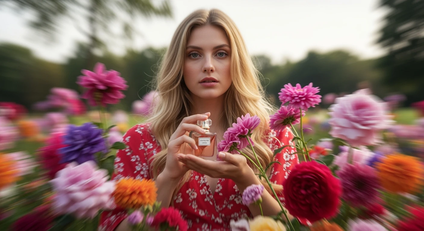 Motion blur Extreme Closeup photo of a beautifull woman holding perfume around beautifull colorfull flowers, cinematic light, 8K, very detailed, sharp, depth (foreground, midground, background) emoji