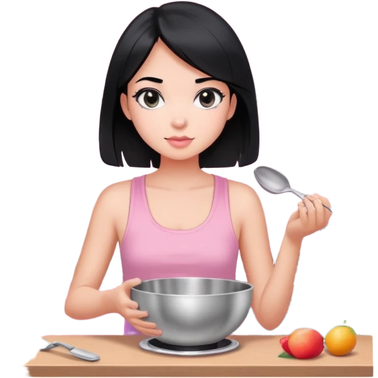 girl with black hair and black eyes white tone skin wearing pink pastel tanktop, and holding a silver bowl cooking or mixing something emoji