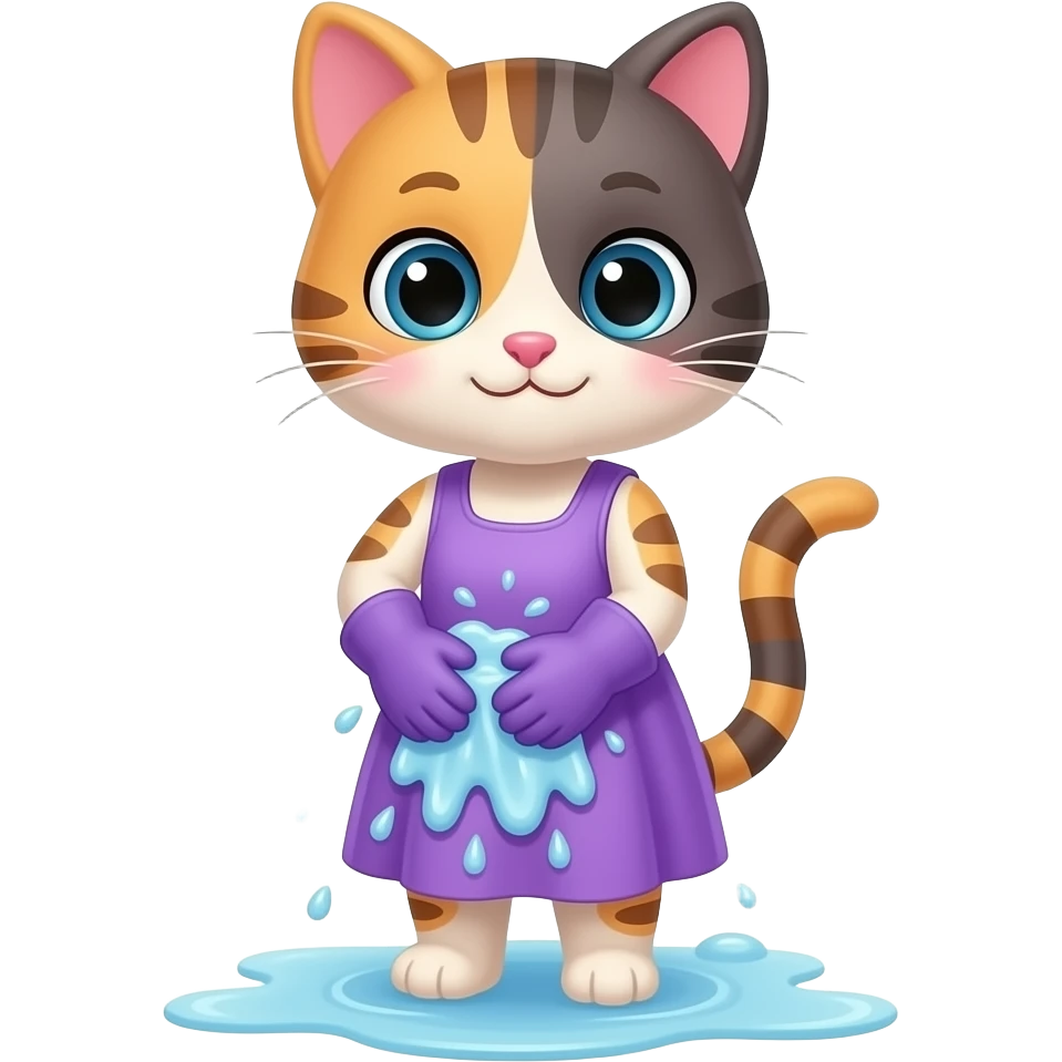 Cartoon sister kitten standing wearing a purple dress wearing purple mittens washing it emoji