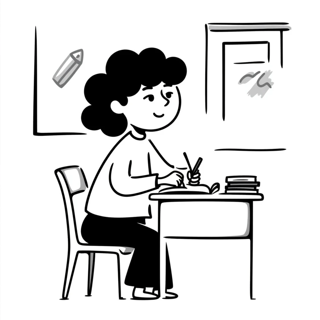 Student sitting at desk, taking notes while listening to lecture emoji