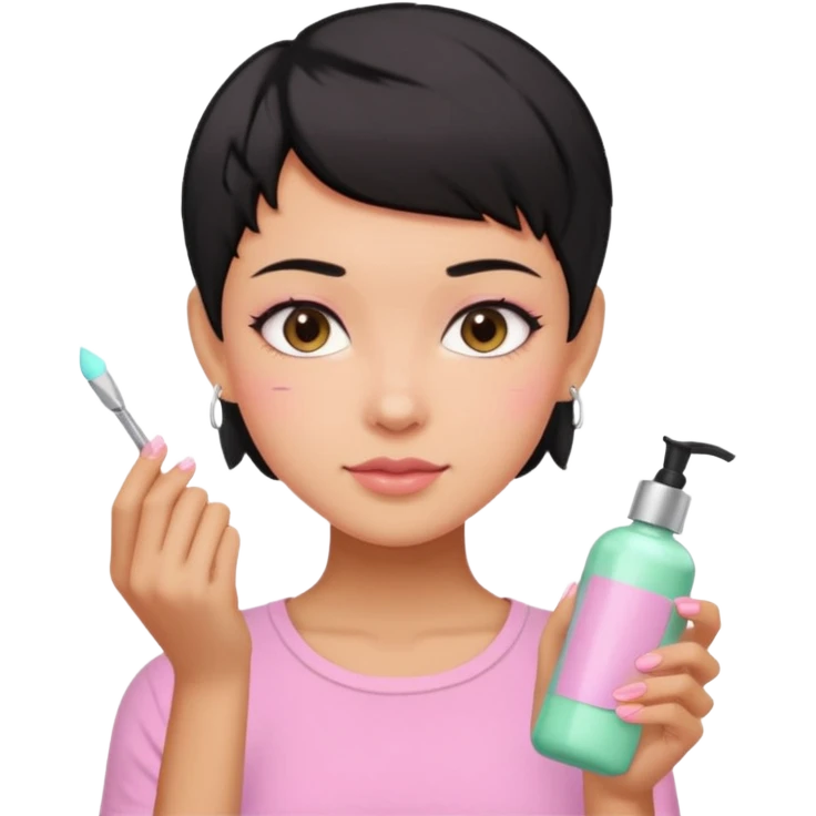 tan girl pink shirt with black hair & a pixie cut no earrings doing cute pastel colors skin care emoji