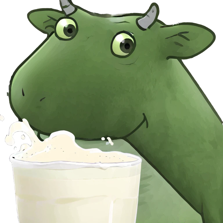 A dreamy cow with stars around it, soft eyes, and flowing milk lines emoji