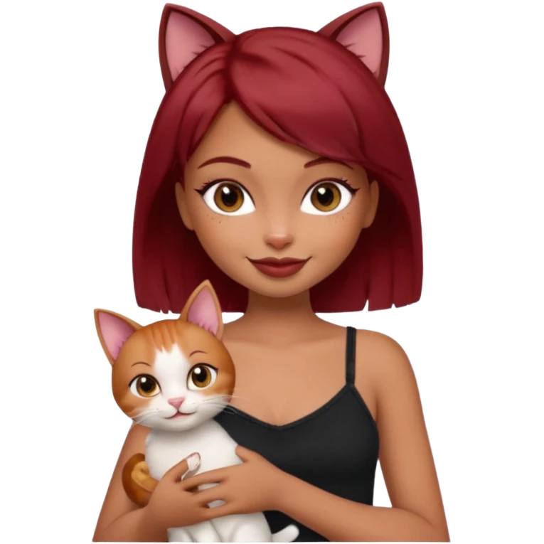 generate a pretty fair bratz girl with short dark red hair holding a cat smiling. Wearing a black cami emoji