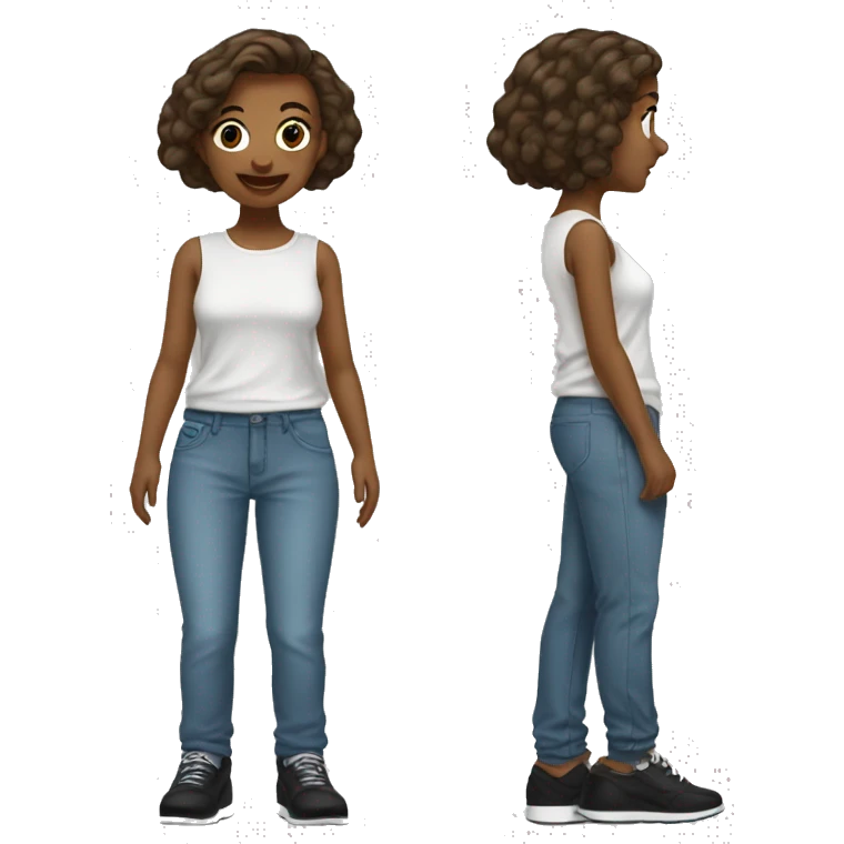 Girl with  brown medium short hair, and y2k shirt. Baggy pants and black shoes emoji