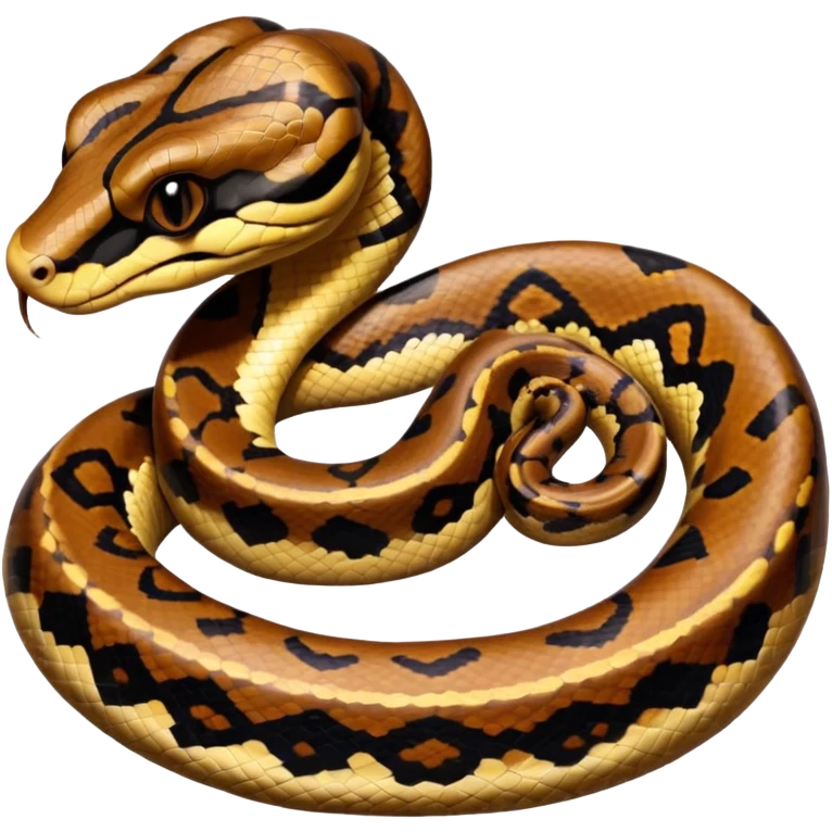 A photo-realistic top-down view of a Ball Python gently coiled into a tight spiral, with its head resting peacefully at the center. Its scales are warm brown with bold, irregular black markings, including the distinctive “alien-head” pattern, flowing smoothly along its body.  emoji