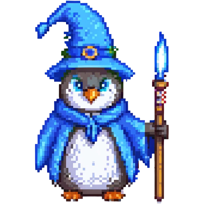 pixel art penguin wizard holding a wand, wearing blue robe and hat emoji