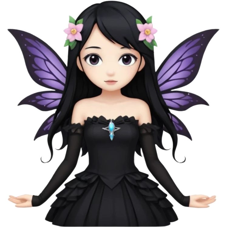 Gothic anime fairy with long beautiful black hair and black dress, pastelcore, emoji