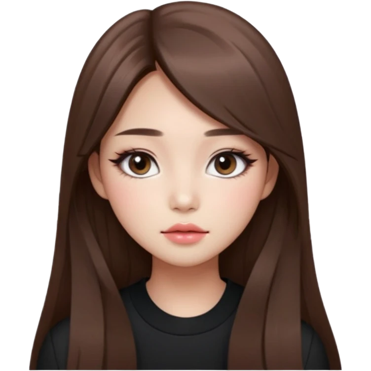 “korean straight long brown hair Emoji girl, soft eyeliner and blush, gradient lips, light brown shimmer eyeshadow emoji