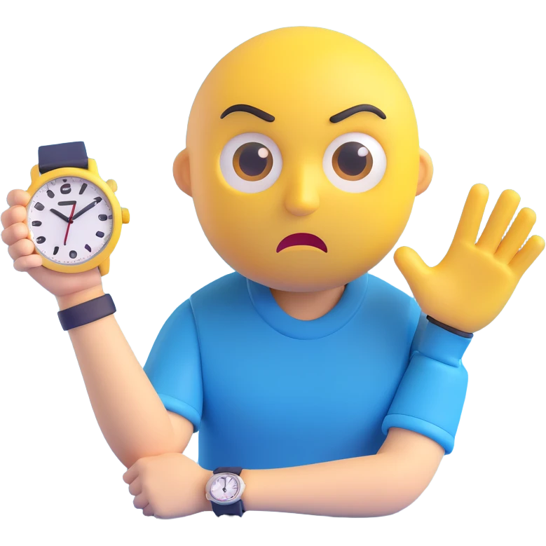 A yellow emoji face with a worried expression, looking at a wristwatch with raised eyebrows, showing urgency and stress emoji
